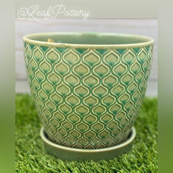 Coral Aqua/Green Ceramic Planter Pot with Saucer Attached - Picture 6 of 8